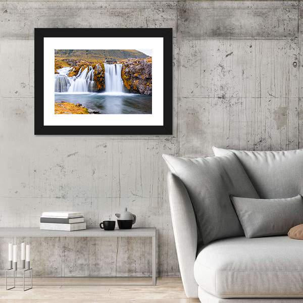 Waterfall Landscape At Kirkjufell Mountain Panoramic Canvas Wall Art-1 Piece-36" x 12"-Tiaracle