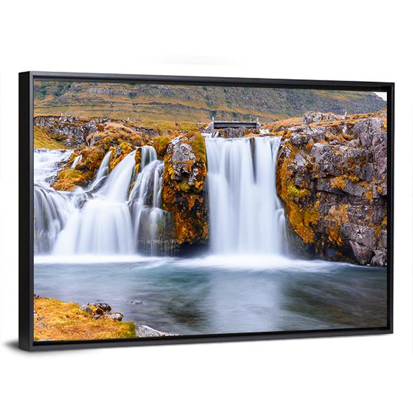 Waterfall Landscape At Kirkjufell Mountain Panoramic Canvas Wall Art-1 Piece-36" x 12"-Tiaracle