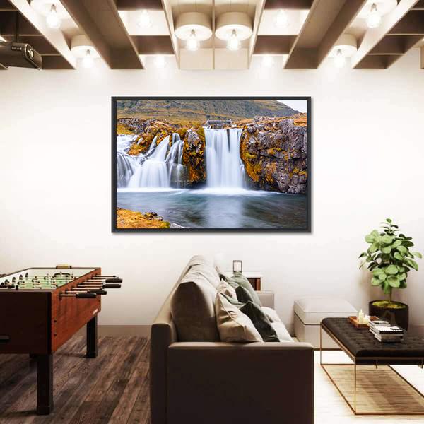 Waterfall Landscape At Kirkjufell Mountain Panoramic Canvas Wall Art-1 Piece-36" x 12"-Tiaracle