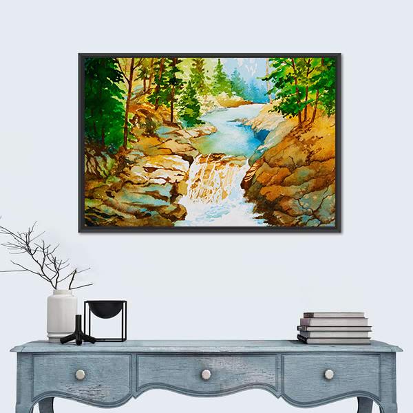 Waterfall Landscape Canvas Wall Art-1 Piece-Floating Frame-24" x 16"-Tiaracle