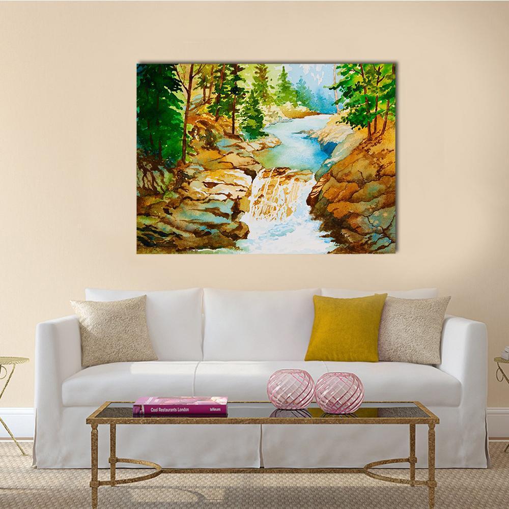 Waterfall Landscape Canvas Wall Art-1 Piece-Gallery Wrap-36" x 24"-Tiaracle