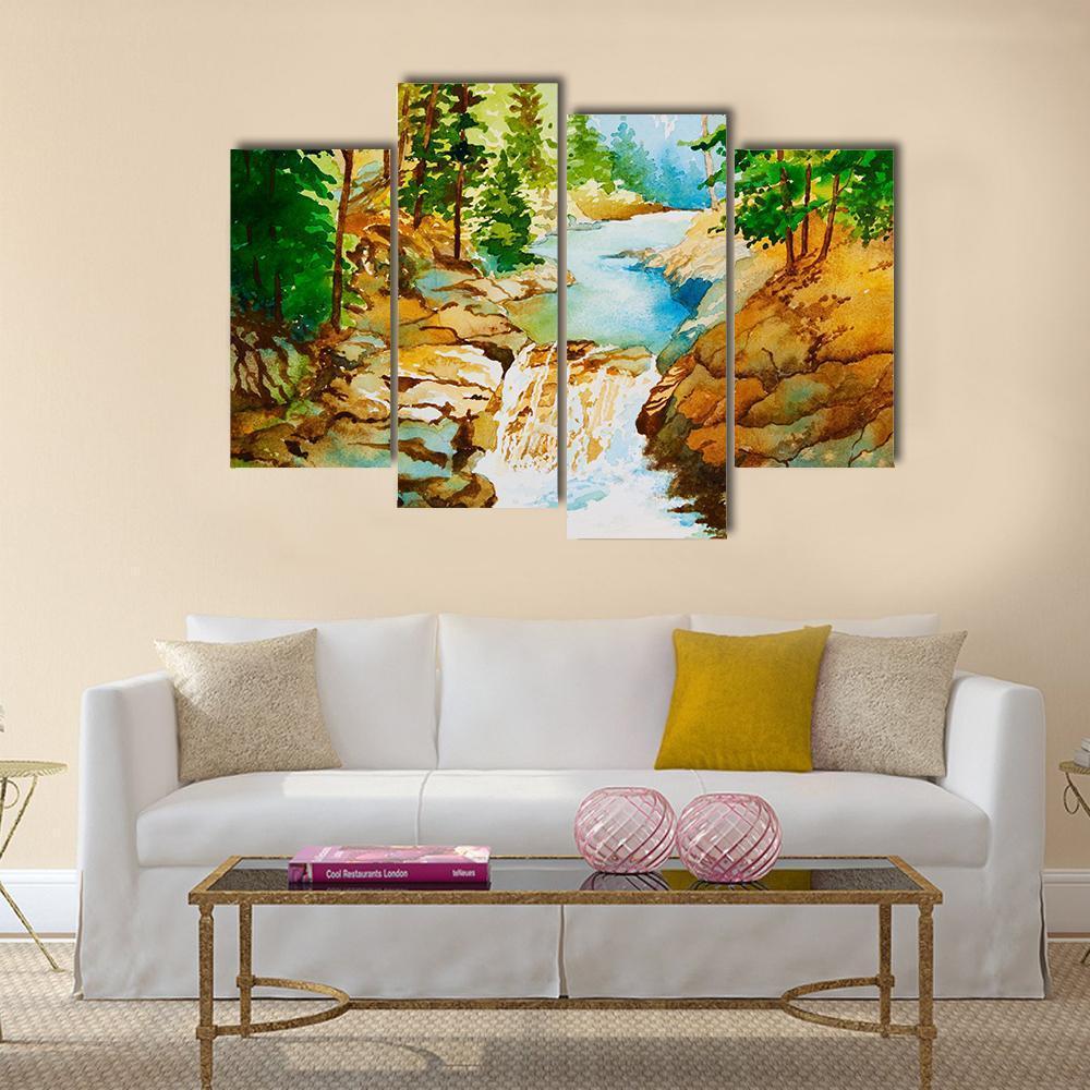 Waterfall Landscape Canvas Wall Art-4 Pop-Gallery Wrap-50" x 32"-Tiaracle