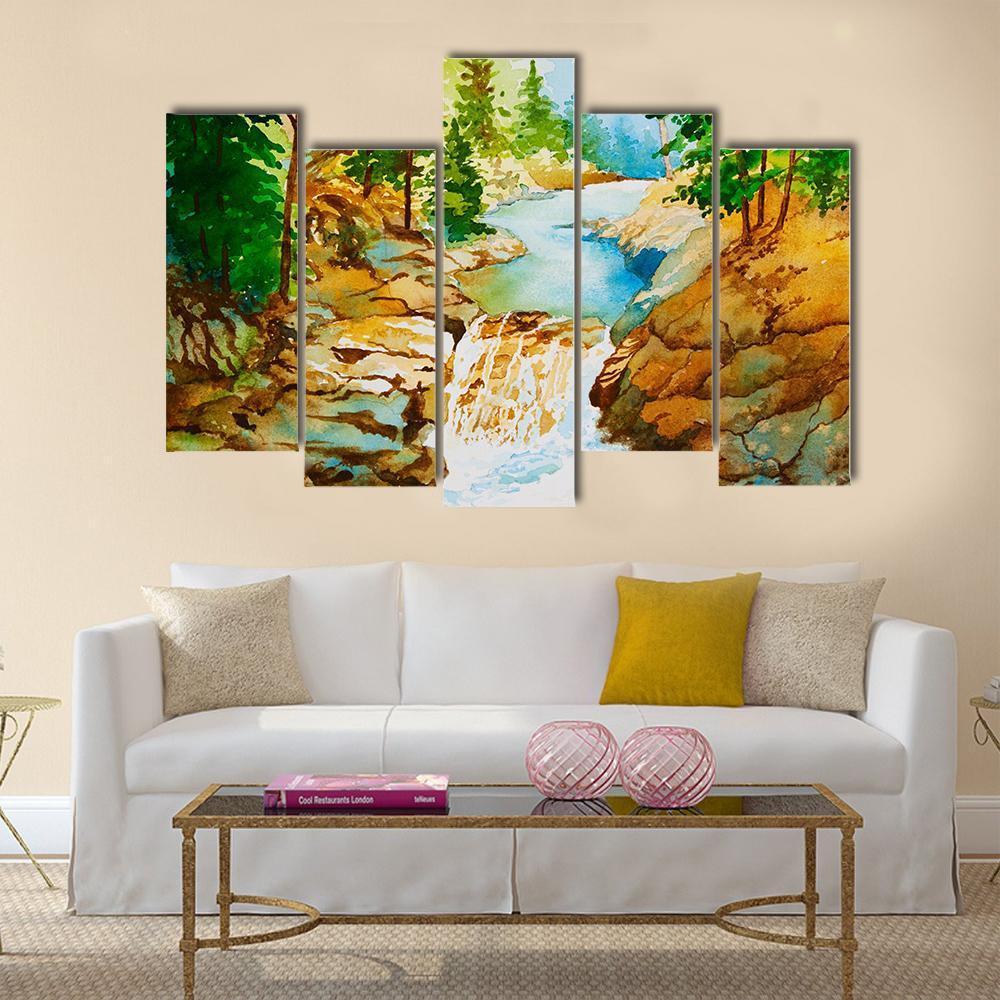 Waterfall Landscape Canvas Wall Art-5 Pop-Gallery Wrap-47" x 32"-Tiaracle