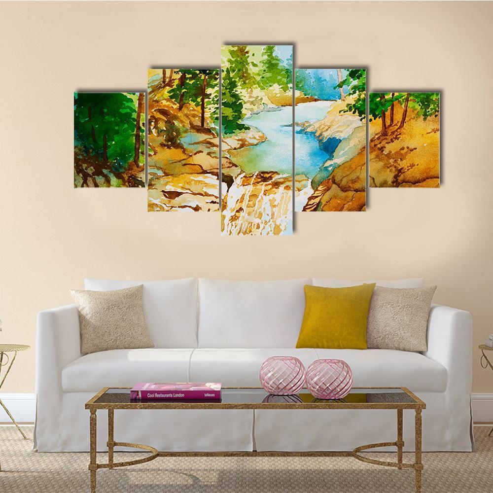 Waterfall Landscape Canvas Wall Art-5 Star-Gallery Wrap-62" x 32"-Tiaracle