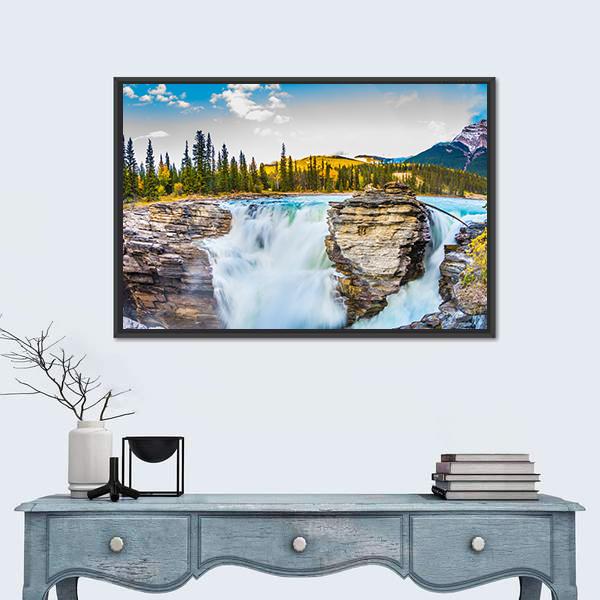 Waterfall Of Athabasca In Canada Canvas Wall Art-1 Piece-Floating Frame-24" x 16"-Tiaracle