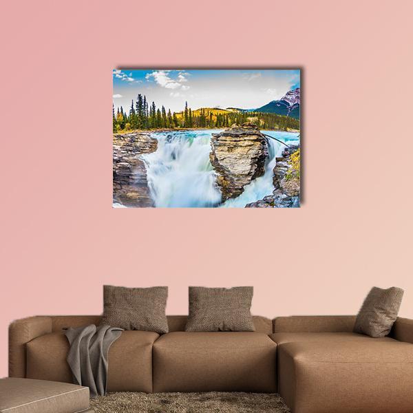 Athabasca Waterfall, Canada Canvas Wall Art in white, brown and blue, single panel hung on a wall