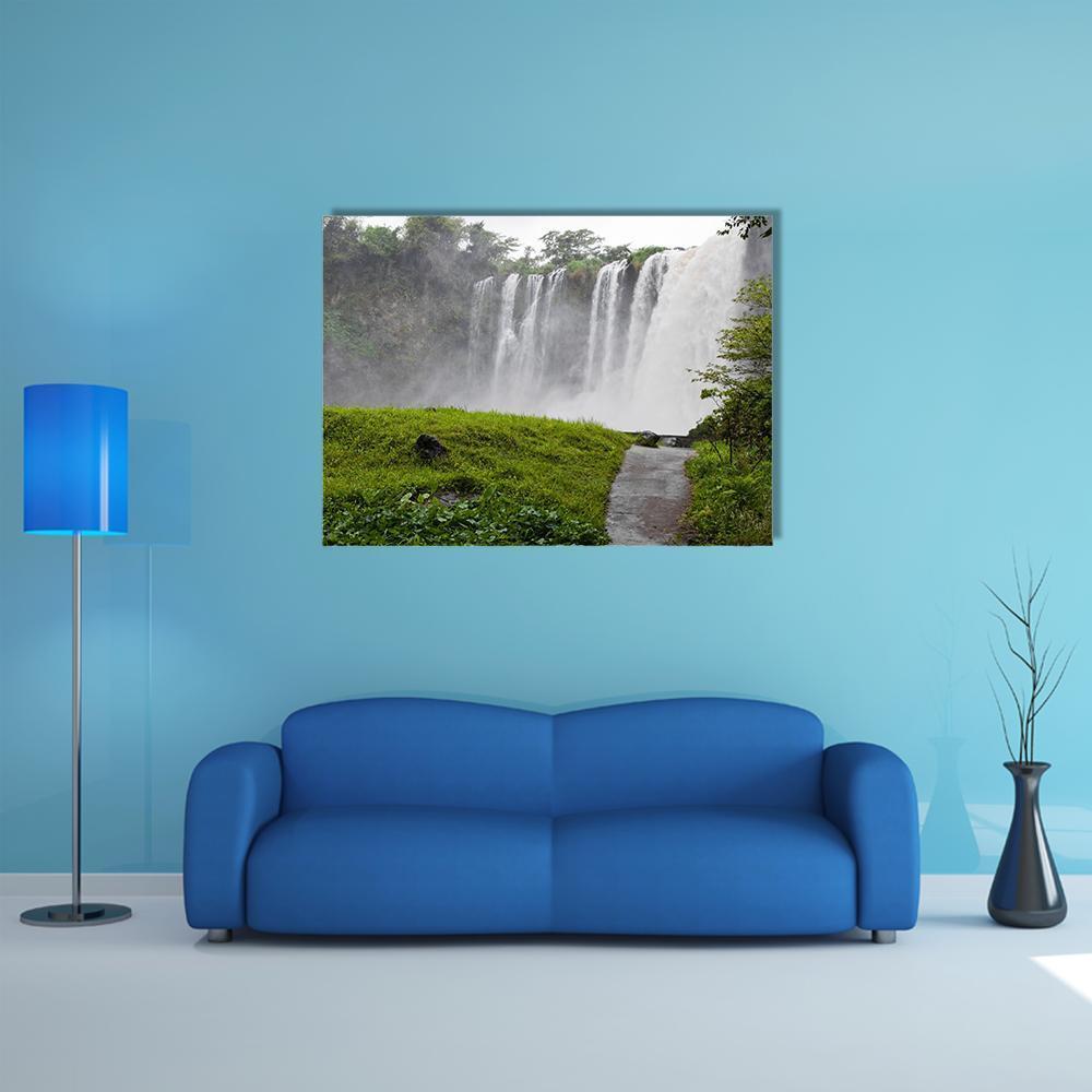 Eyipantla Waterfall in Mexico Canvas Wall Art in white, gray and green, single panel hung on a wall