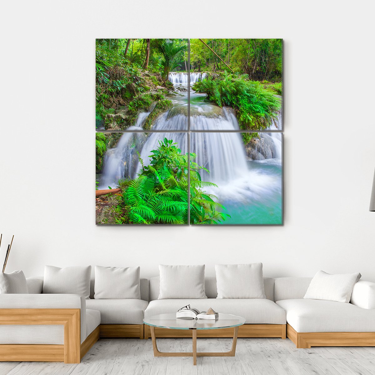 Siquijor Island Waterfall Canvas Wall Art in white, green and blue, hung on a wall