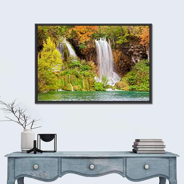 Waterfall Of The Plitvice Lakes Canvas Wall Art-1 Piece-Floating Frame-24" x 16"-Tiaracle