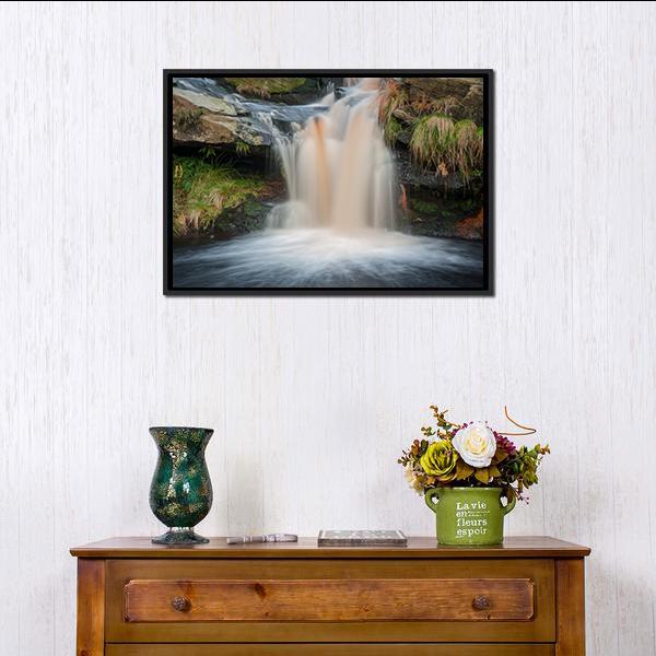 Waterfall On Moorland Canvas Wall Art-1 Piece-Floating Frame-24" x 16"-Tiaracle