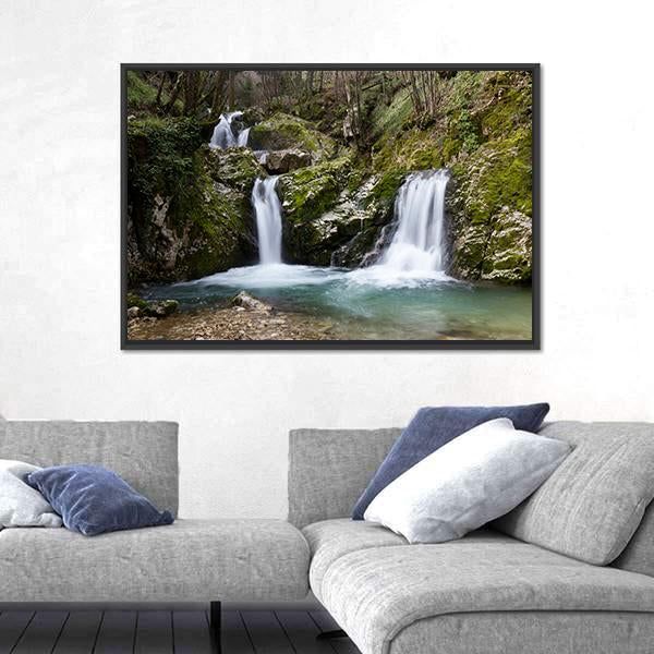 Waterfall On Morcone Sassinoro Panoramic Canvas Wall Art-1 Piece-36" x 12"-Tiaracle