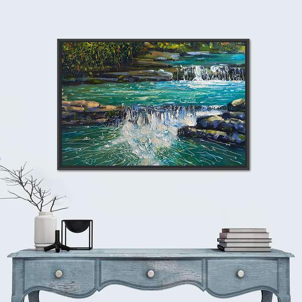 Waterfall Painting Canvas Wall Art-1 Piece-Floating Frame-24" x 16"-Tiaracle