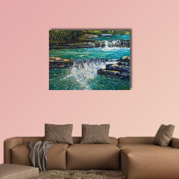 Textured Green Waterfall Painting Canvas Wall Art in green and blue, single panel hung on a wall