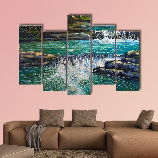 Waterfall Painting Canvas Wall Art-5 Pop-Gallery Wrap-47" x 32"-Tiaracle