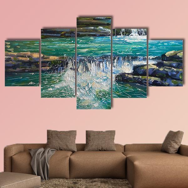 Waterfall Painting Canvas Wall Art-5 Star-Gallery Wrap-62" x 32"-Tiaracle
