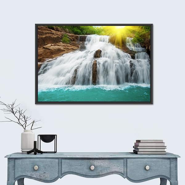 Waterfall Pool In Rain Forest Canvas Wall Art-1 Piece-Floating Frame-24" x 16"-Tiaracle