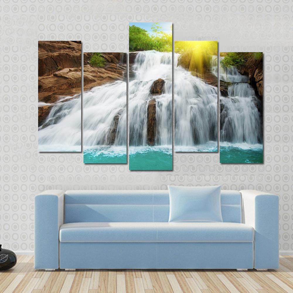 Waterfall Pool In Rain Forest Canvas Wall Art-5 Pop-Gallery Wrap-47" x 32"-Tiaracle