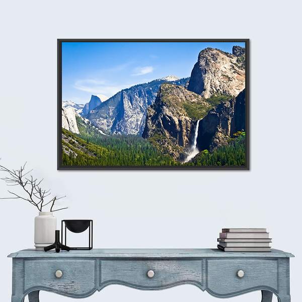 Waterfall Scenery Of Yosemite Canvas Wall Art-1 Piece-Floating Frame-24" x 16"-Tiaracle