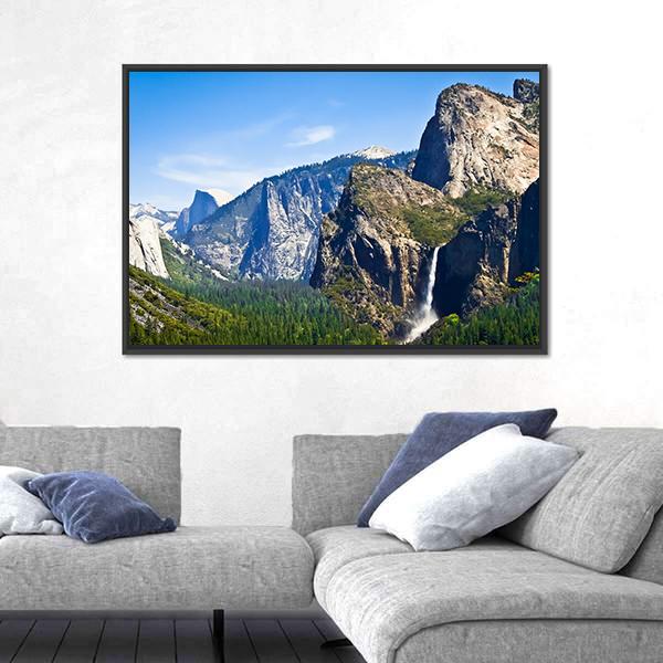 Waterfall Scenery Of Yosemite Canvas Wall Art-3 Horizontal-Gallery Wrap-25" x 16"-Tiaracle