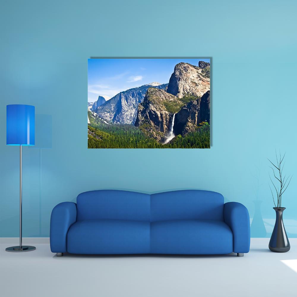 Yosemite Waterfall and Mountain Scenery Canvas Wall Art in gray, green and blue, single panel hung on a wall