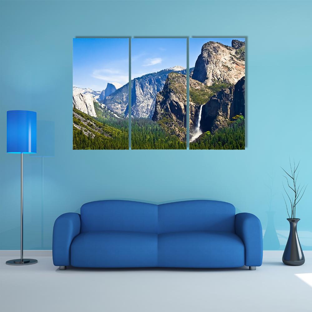 Waterfall Scenery Of Yosemite Canvas Wall Art-3 Horizontal-Gallery Wrap-37" x 24"-Tiaracle