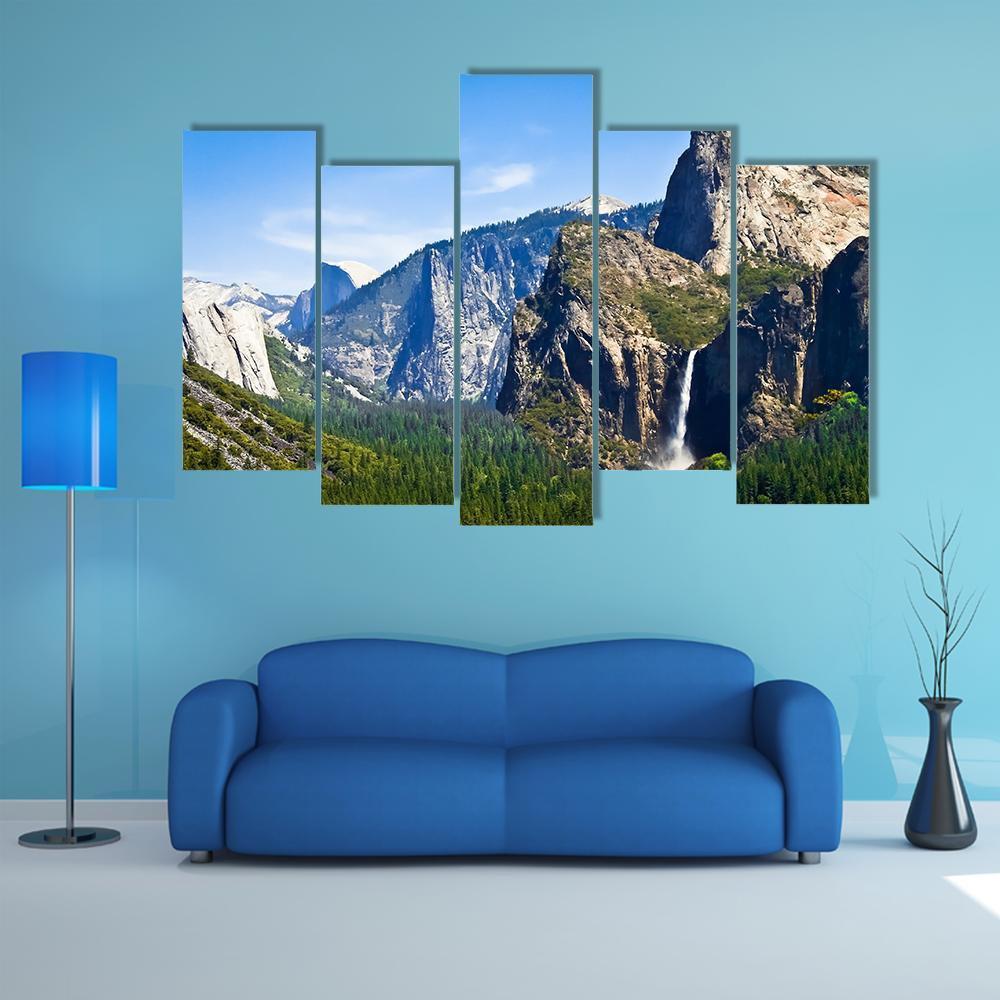Waterfall Scenery Of Yosemite Canvas Wall Art-5 Pop-Gallery Wrap-47" x 32"-Tiaracle