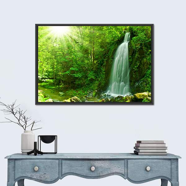 Waterfall Through Green Forest Canvas Wall Art-1 Piece-Floating Frame-24" x 16"-Tiaracle