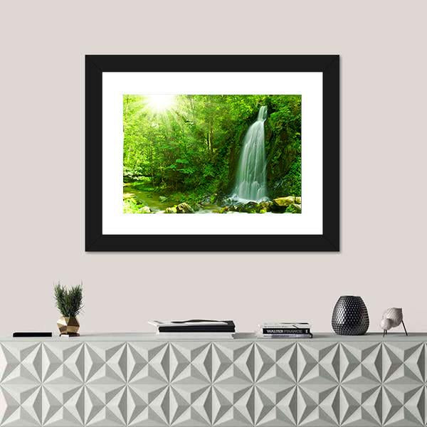 Waterfall Through Green Forest Canvas Wall Art-1 Piece-Framed Print-20" x 16"-Tiaracle