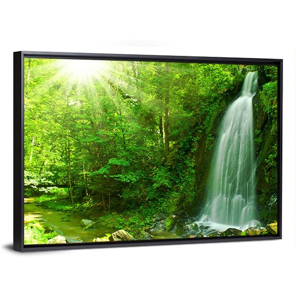 Waterfall Through Green Forest Canvas Wall Art-3 Horizontal-Gallery Wrap-25" x 16"-Tiaracle