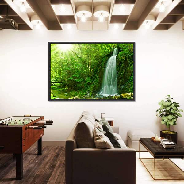 Waterfall Through Green Forest Canvas Wall Art-3 Horizontal-Gallery Wrap-25" x 16"-Tiaracle