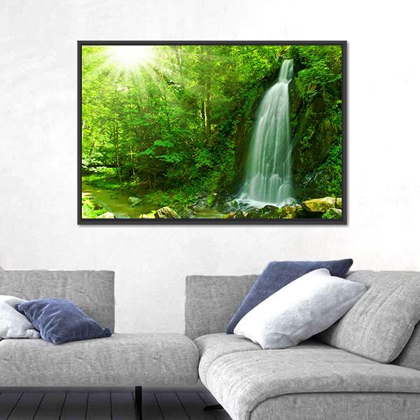 Waterfall Through Green Forest Canvas Wall Art-3 Horizontal-Gallery Wrap-25" x 16"-Tiaracle