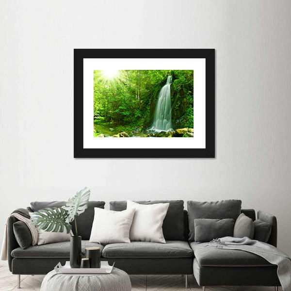 Waterfall Through Green Forest Canvas Wall Art-3 Horizontal-Gallery Wrap-25" x 16"-Tiaracle