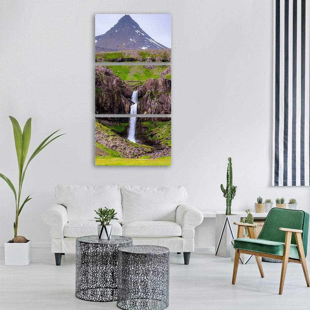 Waterfall Under High Mountains Vertical Canvas Wall Art-3 Vertical-Gallery Wrap-12" x 25"-Tiaracle