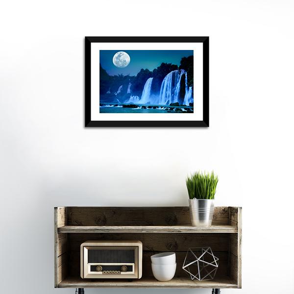 Waterfall Under Moonlight Canvas Wall Art-1 Piece-Framed Print-20" x 16"-Tiaracle