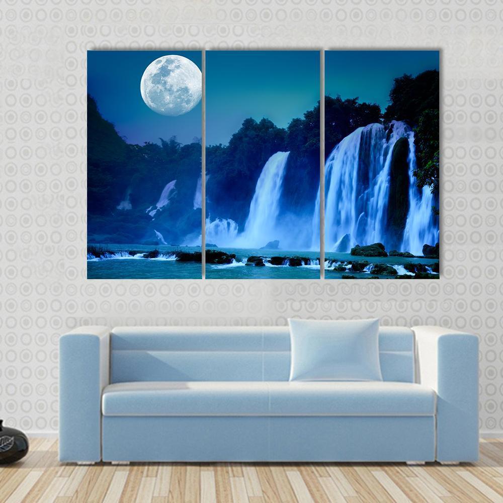 Waterfall Under Moonlight Canvas Wall Art-3 Horizontal-Gallery Wrap-37" x 24"-Tiaracle