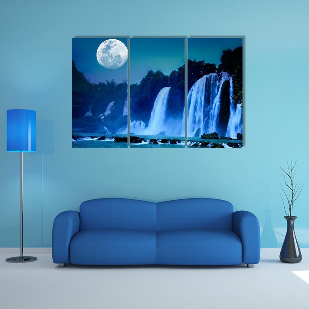 Waterfall Under Moonlight Canvas Wall Art-3 Horizontal-Gallery Wrap-37" x 24"-Tiaracle