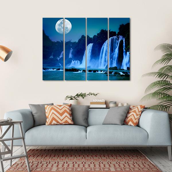 Waterfall Under Moonlight Canvas Wall Art-4 Horizontal-Gallery Wrap-34" x 24"-Tiaracle