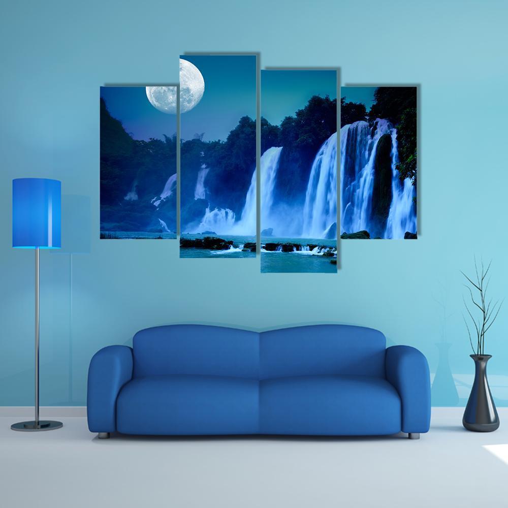 Waterfall Under Moonlight Canvas Wall Art-4 Pop-Gallery Wrap-50" x 32"-Tiaracle