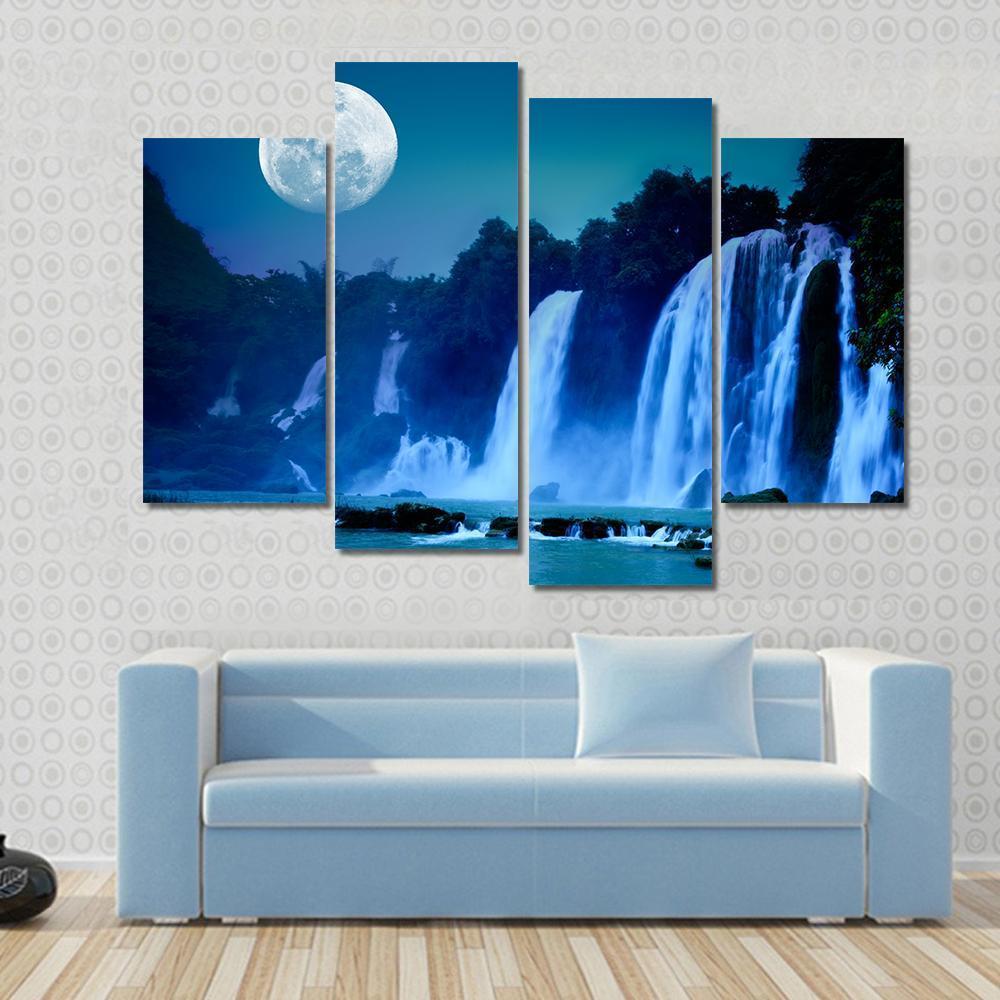 Waterfall Under Moonlight Canvas Wall Art-4 Pop-Gallery Wrap-50" x 32"-Tiaracle