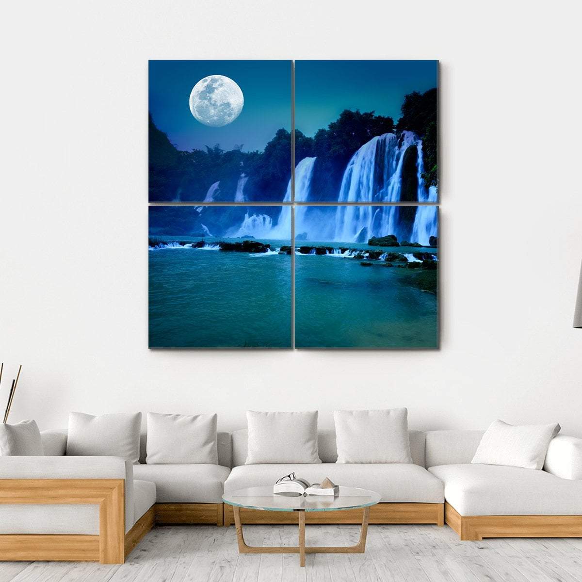 Waterfall Under Moonlight Canvas Wall Art-4 Square-Gallery Wrap-17" x 17"-Tiaracle