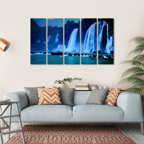Waterfall Under Moonlight Canvas Wall Art-5 Horizontal-Gallery Wrap-22" x 12"-Tiaracle