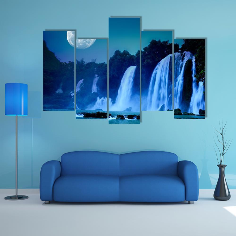 Waterfall Under Moonlight Canvas Wall Art-5 Pop-Gallery Wrap-47" x 32"-Tiaracle
