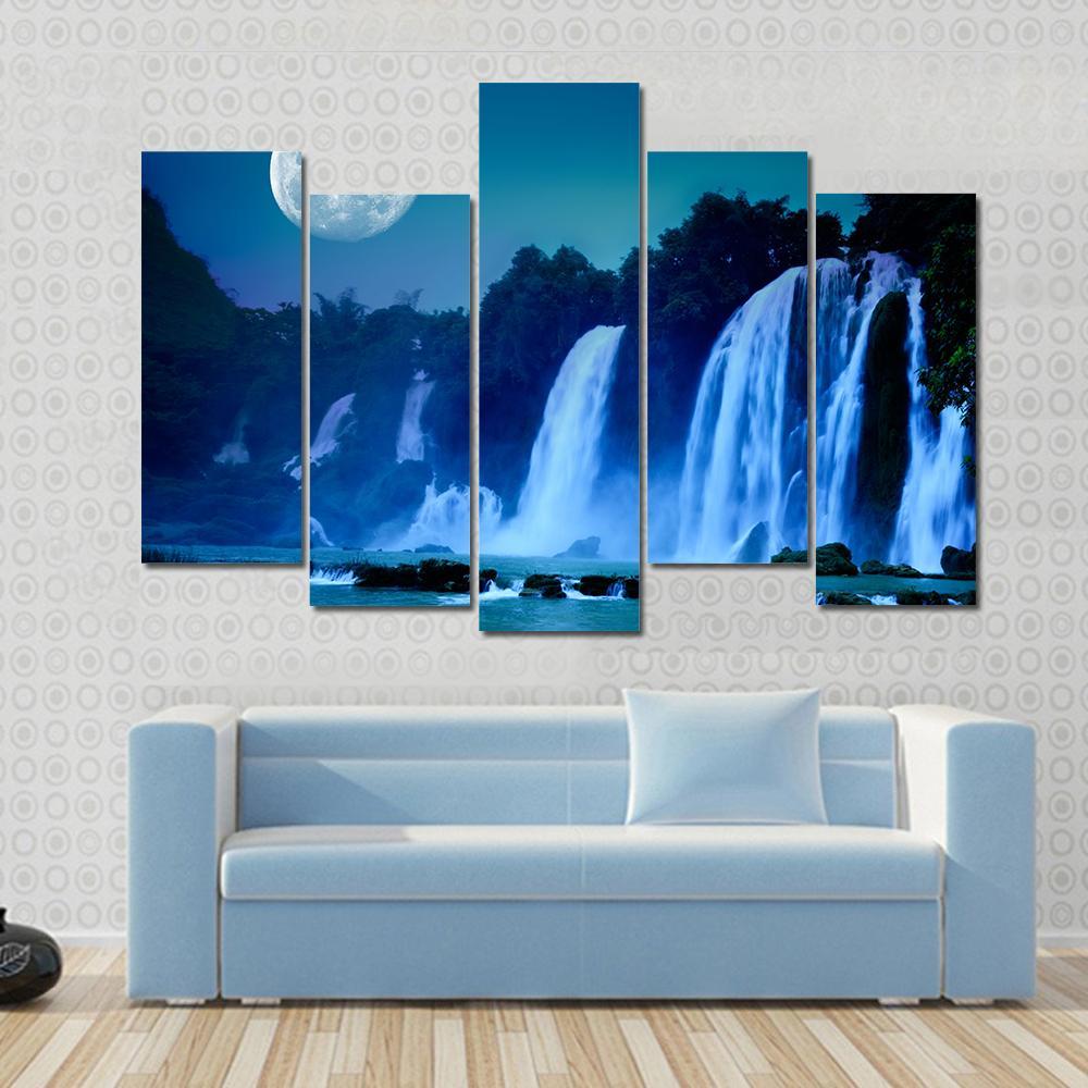 Waterfall Under Moonlight Canvas Wall Art-5 Pop-Gallery Wrap-47" x 32"-Tiaracle