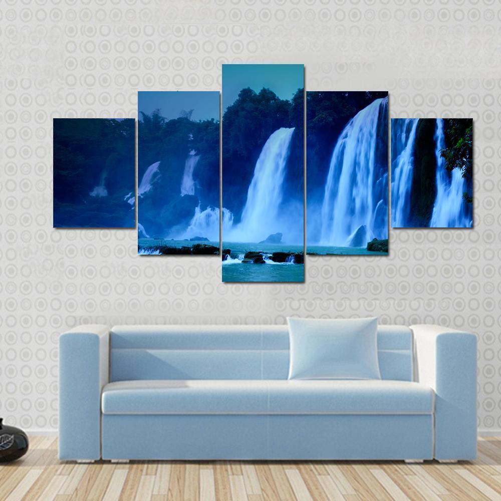 Waterfall Under Moonlight Canvas Wall Art-5 Star-Gallery Wrap-62" x 32"-Tiaracle