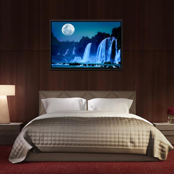 Waterfall Under Moonlight Canvas Wall Art-5 Horizontal-Gallery Wrap-22" x 12"-Tiaracle