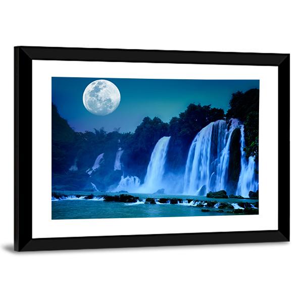 Waterfall Under Moonlight Canvas Wall Art-5 Horizontal-Gallery Wrap-22" x 12"-Tiaracle