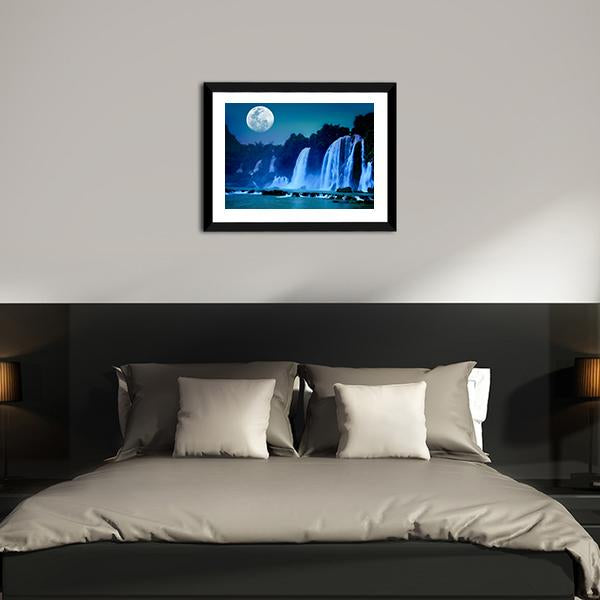 Waterfall Under Moonlight Canvas Wall Art-5 Horizontal-Gallery Wrap-22" x 12"-Tiaracle