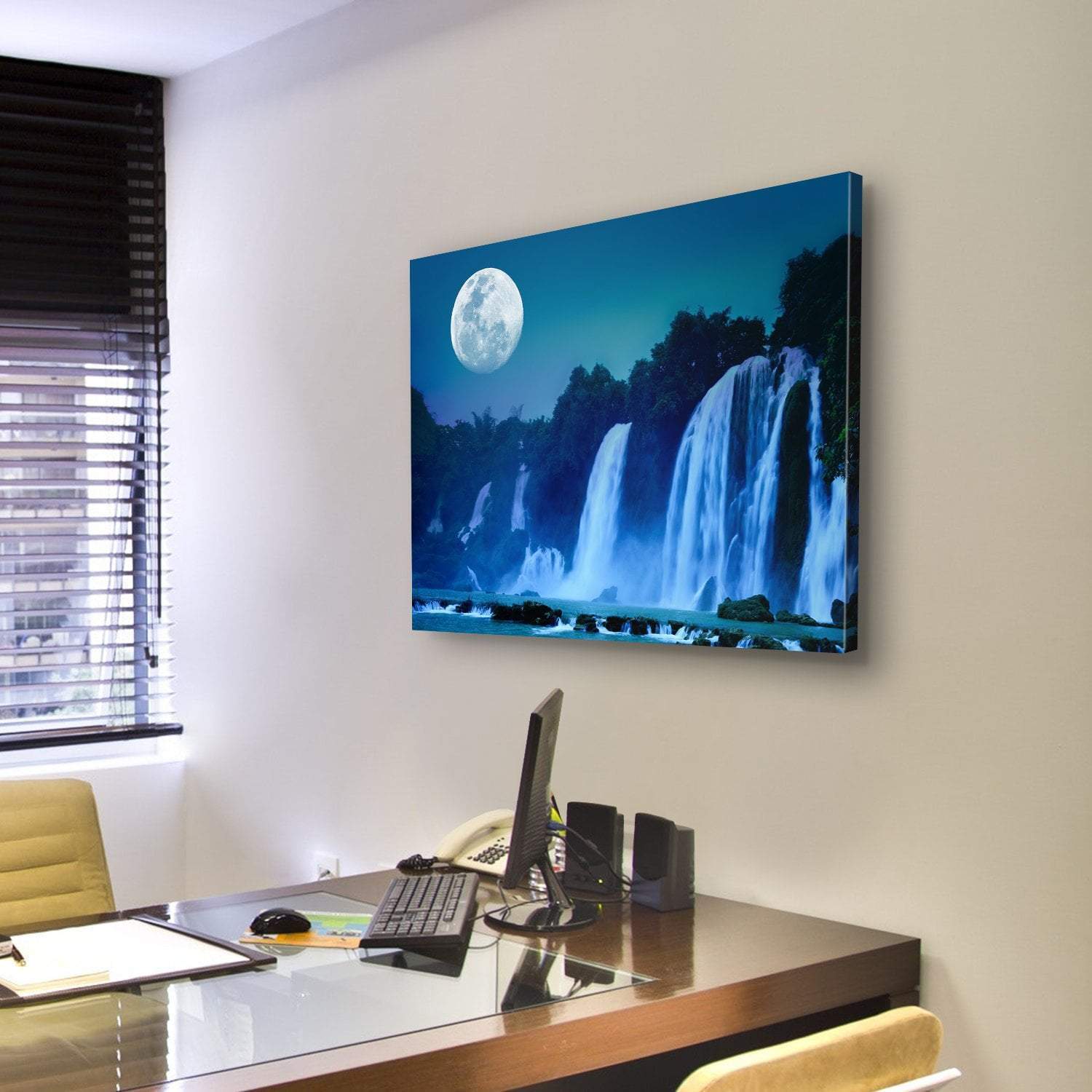 Waterfall Under Moonlight Canvas Wall Art-3 Horizontal-Gallery Wrap-25" x 16"-Tiaracle