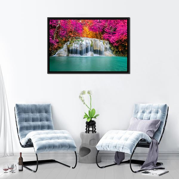 Waterfall With Pink Trees Canvas Wall Art-3 Horizontal-Gallery Wrap-25" x 16"-Tiaracle