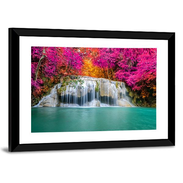 Waterfall With Pink Trees Canvas Wall Art-3 Horizontal-Gallery Wrap-25" x 16"-Tiaracle